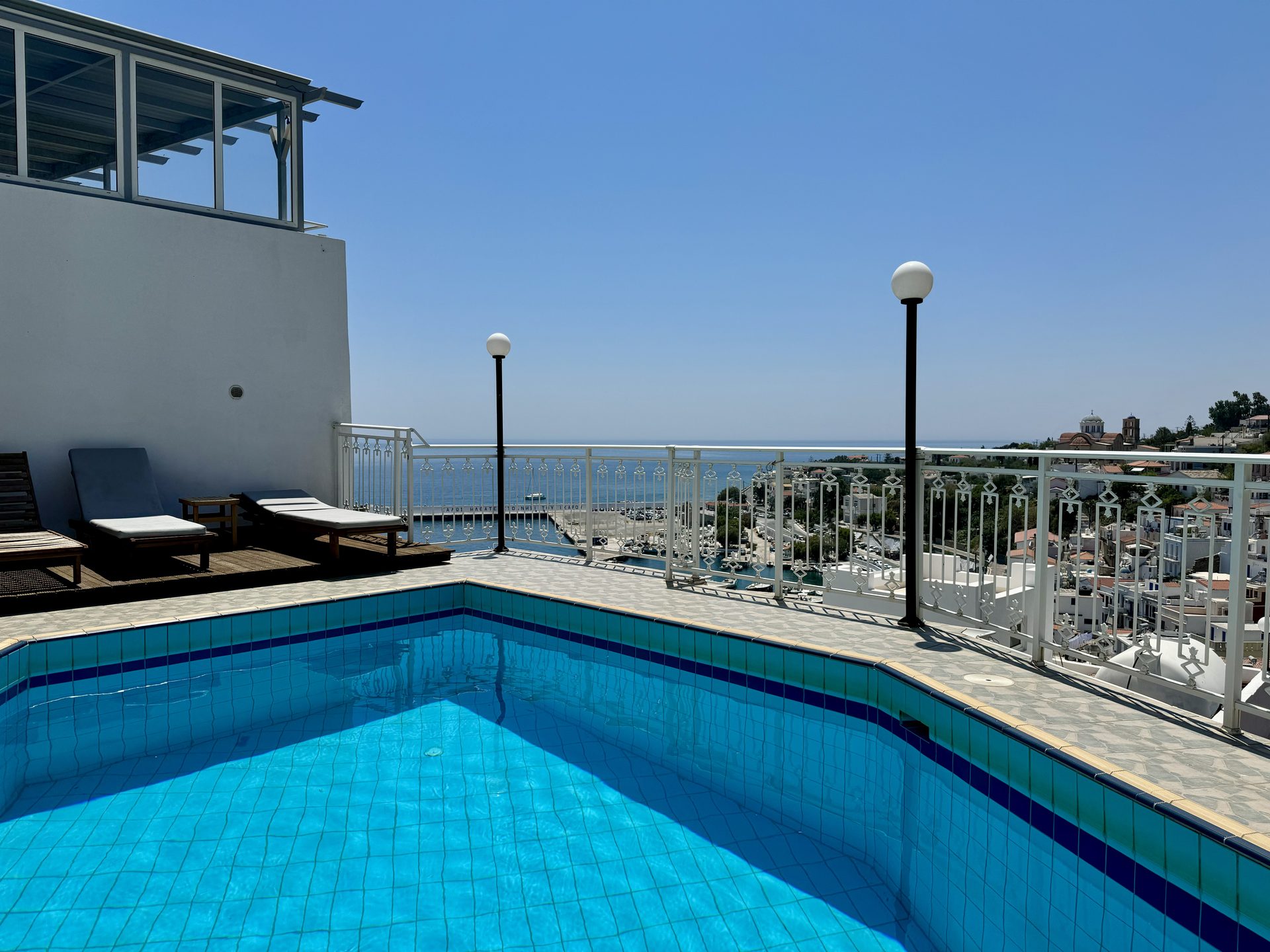 Kastro Hotel swimming pool with sea view over Agios Kirykos, Ikaria